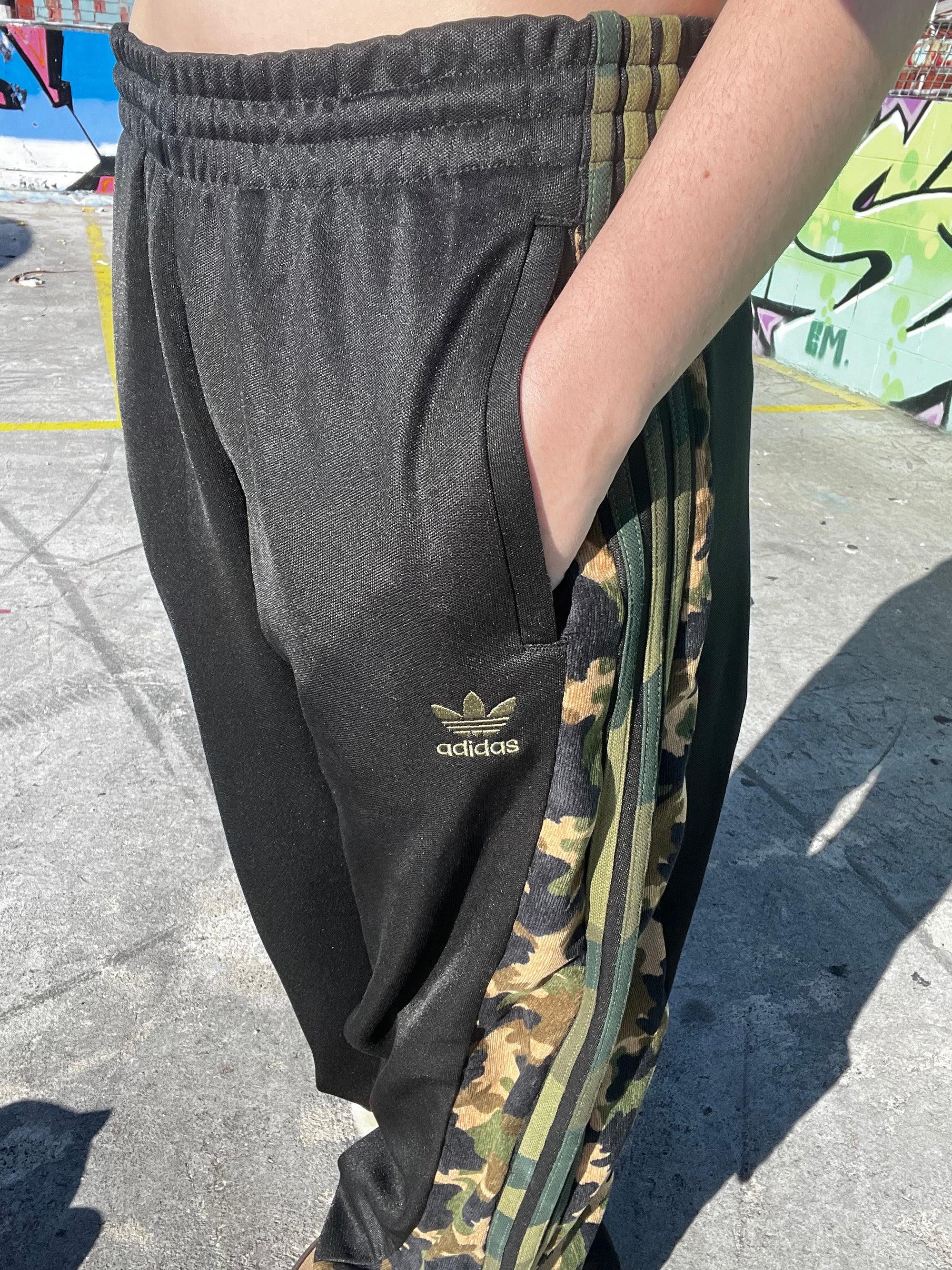 Upcycled camo Adidas trackies