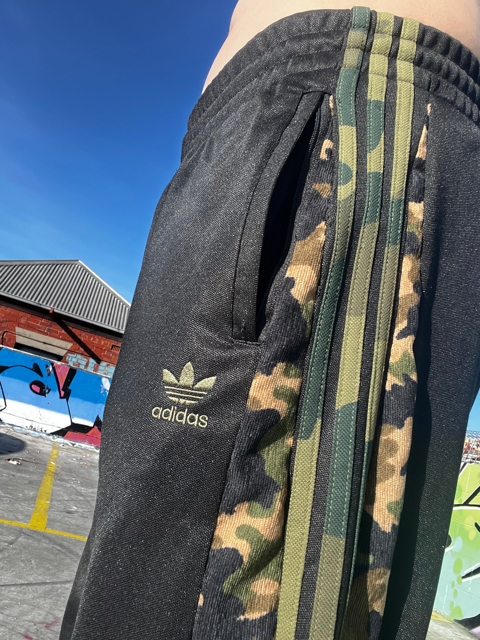 Upcycled camo Adidas trackies